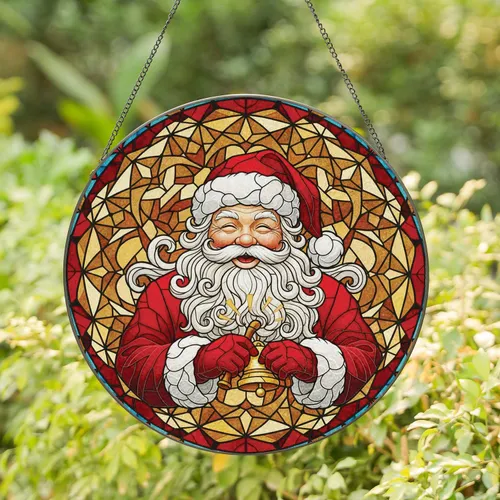 Santa Claus Golden Bell Wide Smile - Christmas Holiday Home Decor Gift Stained Glass Suncatcher