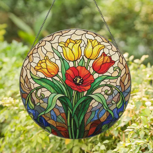 Vibrant Tulip Poppy Bouquet - Home Garden Decor Gift for Plant Lover Stained Glass Suncatcher