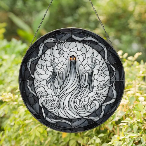 Glowing Orange Eye Ghost Specter - Halloween Decor Gift for Ghost Lovers Stained Glass Suncatcher
