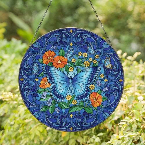 Blue Butterfly Orange Flowers - Home Decor Gift for Garden Lover Stained Glass Suncatcher