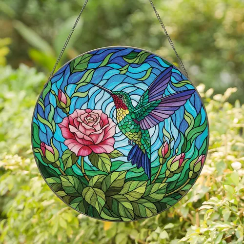 Hummingbird Multi-Petal Rose Buds Leaves Swirling Sky - Home Decor Gift for Garden Lover Stained Glass Suncatcher