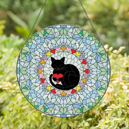 Black Cat Red Heart Multi-Color Hearts Clear Blue Green Glass - Home Decor Gift for Cat Lover Stained Glass Suncatcher