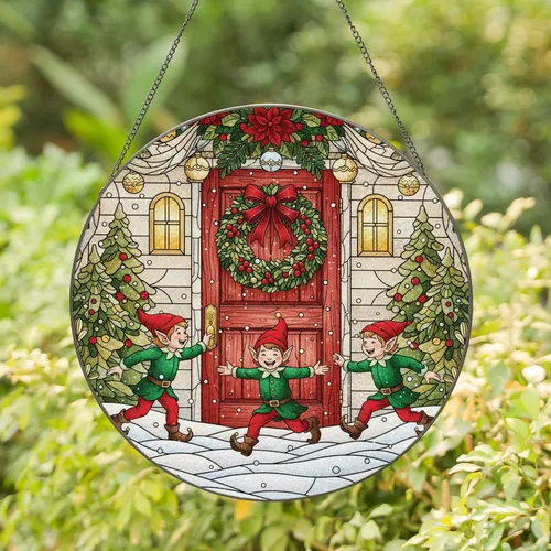 Christmas Elves Snow Door Wreath Garland Scene - Festive Home Decor Gift for Gnome Lover Stained Glass Suncatcher