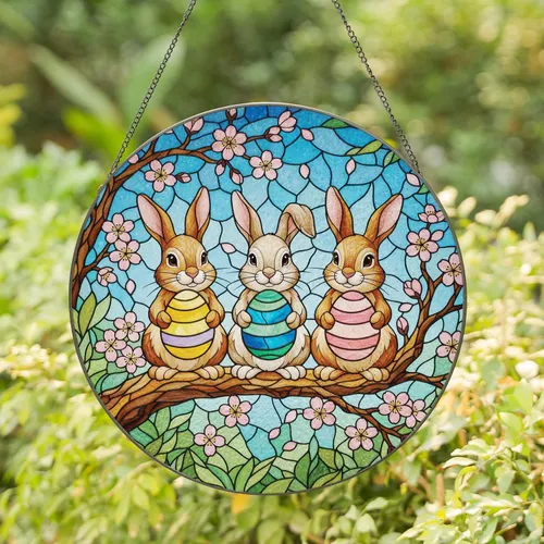 Bunnies Easter Egg Cherry Blossoms - Easter Spring Home Decor Gift Stained Glass Suncatcher