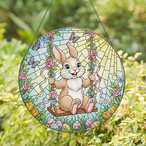 Bunny Easter Eggs Roses Floral Swing - Easter Home Decor Gift Stained Glass Suncatcher