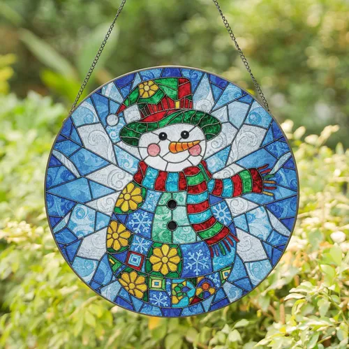 Snowman Patchwork Hat Scarf Snowflakes - Christmas Home Decor Gift Stained Glass Suncatcher