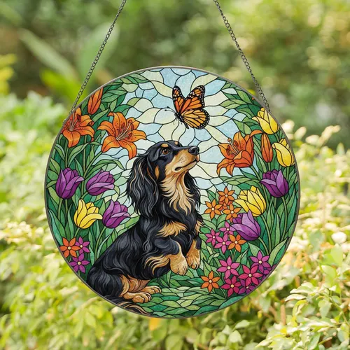 Stained Glass Dachshund Monarch Butterfly Flowers - Home Decor Gift for Dog Lover Stained Glass Suncatcher