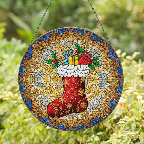 Red Christmas Stocking Gift Boxes Holly - Holiday Home Decor Gift Stained Glass Suncatcher