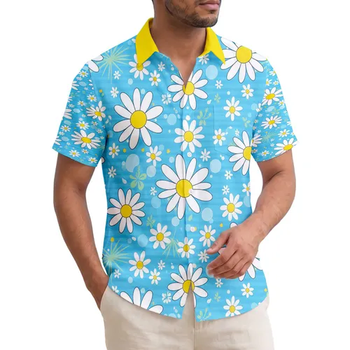 Bright White Daisies Tropical Palm Fronds Hibiscus Polka Dots - Hawaiian Summer Vacation Gift Hawaiian Shirt