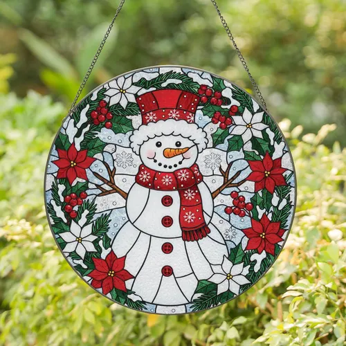 Snowman Red Poinsettia Pine Wreath Snowflake Christmas Holiday Home Decor Gift Stained Glass Suncatcher