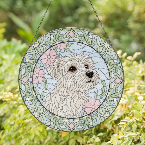 Tiffany White Dog Floral Leaves - Home Decor Gift for Dog Lovers Stained Glass Suncatcher