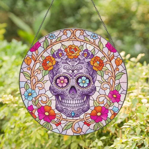 Sugar Skull Calavera Floral Botanical - Day of the Dead Celebration Gift Stained Glass Suncatcher