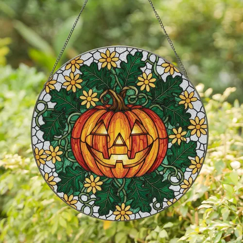 Jack-o'-lantern Pumpkin Oak Leaves Daisy Flowers Halloween Decor Gift Stained Glass Suncatcher