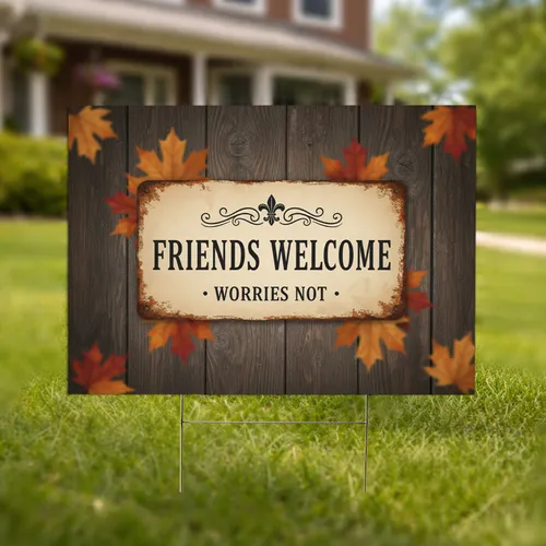 Vintage Friends Welcome Worries Not Sign Maple Leaf Home Decor Yard Sign