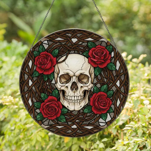 Highly Detailed Bone White Cracked Skull Lush Red Roses Gnarled Vines - Home Decor Gift Stained Glass Suncatcher