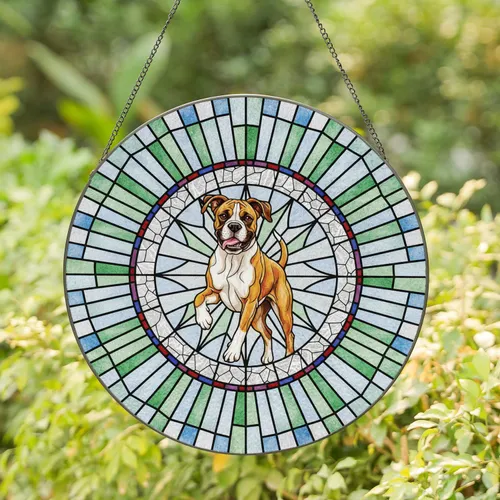 Playful Fawn Boxer Dog Circular Border - Home Decor Gift for Dog Owners Stained Glass Suncatcher