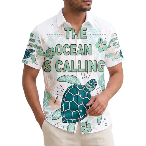Sea Turtle Ocean Calling Text Tropical Leaves Waves - Travel Essentials Gift Hawaiian Shirt
