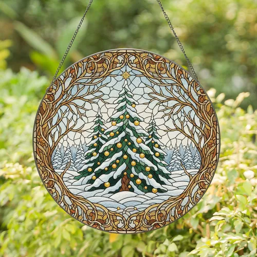 Snow-Laden Evergreen Trees Golden Star Ornaments Winter Forest - Christmas Home Decor Gift Stained Glass Suncatcher