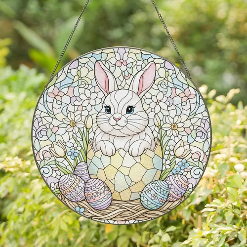 White Bunny Pink Ears Blue Eyes Cracked Eggshell Easter Eggs Spring Flowers Nest Decor Stained Glass Suncatcher
