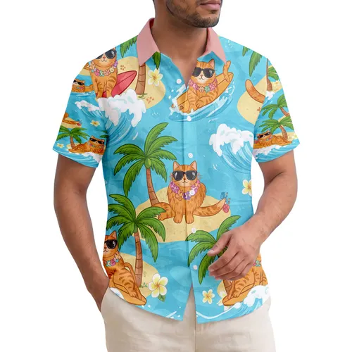 Surfing Cats Palm Trees Plumeria Flowers Sandy Beach - Beach Lifestyle Gift Hawaiian Shirt
