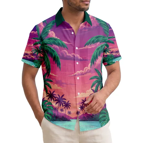 Lush Palm Trees Tropical Foliage Water Sunset Sky Landscape - Travel Essentials Hawaiian Shirt