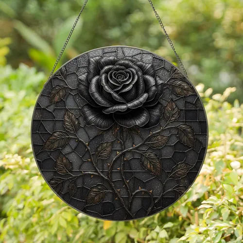 Black Rose Layered Petals Thorny Stem Dark Mosaic - Home Decor Gift for Rose Lover Stained Glass Suncatcher
