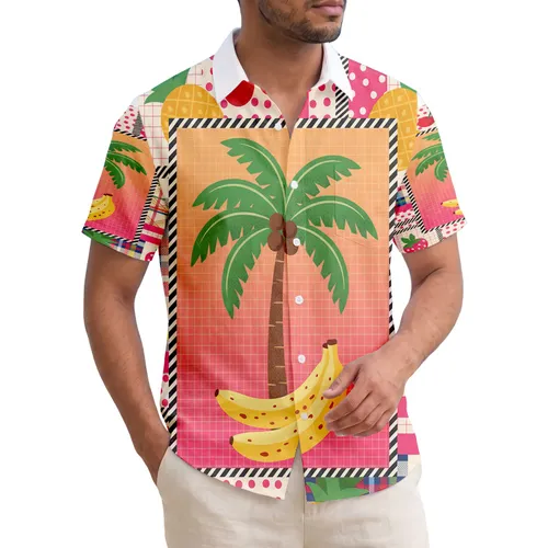 Striped Border Palm Tree Banana Pineapple Cherry Strawberry Sunset - Home Decor Gift Hawaiian Shirt
