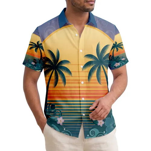 Palm Trees Setting Sun Ocean Tropical Flowers - Tropical Vacation Gift Hawaiian Shirt