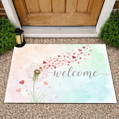 Botanical Dandelion Puffball Heart Seeds Welcome Script - Home Decor Housewarming Gift Doormat