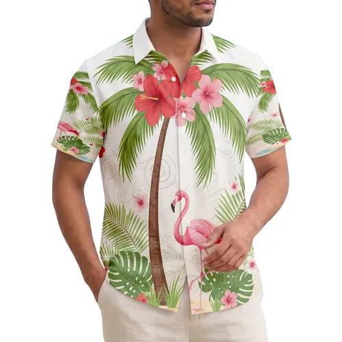 Pink Flamingo Palm Flower Hibiscus Island Scene - Home Decor Gift for Flamingo Lover Hawaiian Shirt