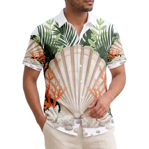 Ribbed Scallop Seashell Coral Palm Fronds - Beach Lover Tropical Home Decor Gift Hawaiian Shirt