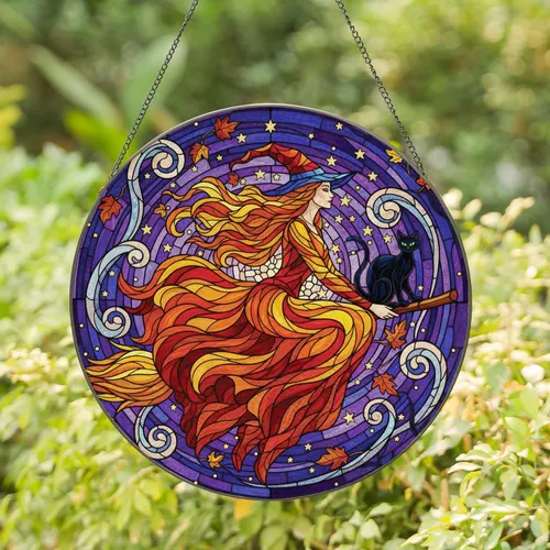 Flying Witch Black Cat Broom Autumn Leaves - Halloween Party Gift Stained Glass Suncatcher