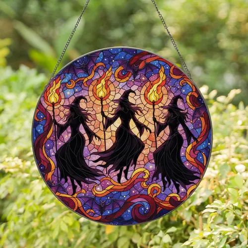 Witches Bats Mystical Night Realm - Halloween Party Decor Gift for Witch Lover Stained Glass Suncatcher