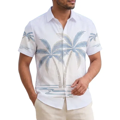Two Palm Trees Reflected Water Distant Foliage - Lifestyle Home Decor Gift Hawaiian Shirt