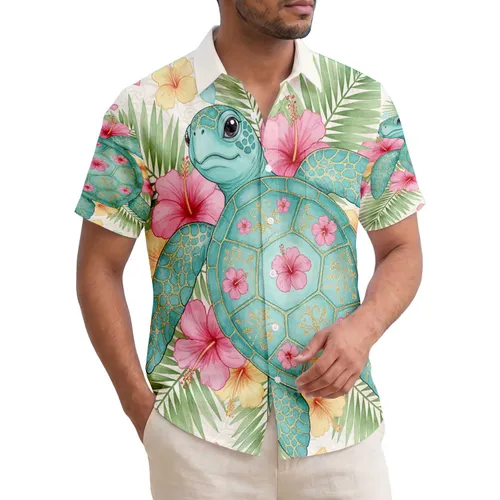 Serene Turquoise Sea Turtle Hibiscus Palm Fronds Hearts - Wildlife Lover Gift Hawaiian Shirt