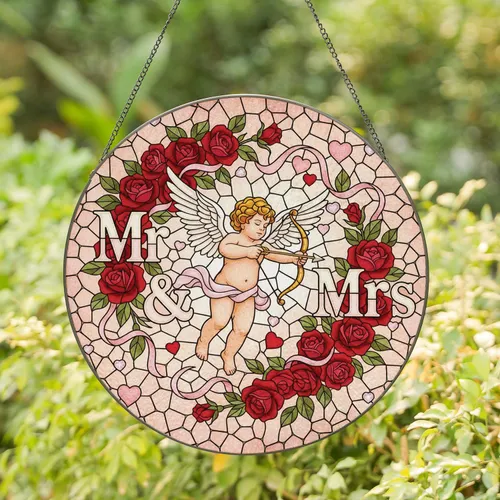Cherubic Cupid Mr & Mrs Red Roses Hearts Pink Ribbons - Wedding Anniversary Gift for Couples Stained Glass Suncatcher