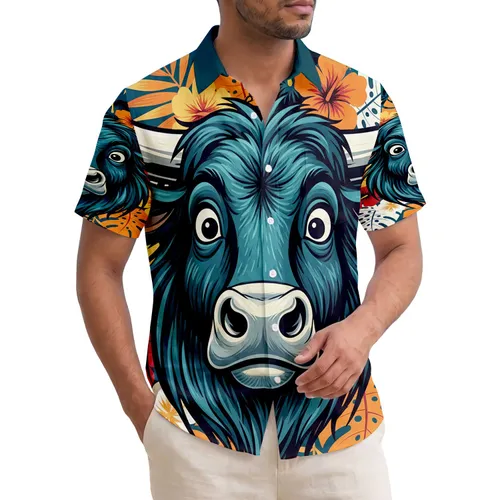 Bull Face Tropical Hibiscus Palm Fronds - Wildlife Lover Home Decor Gift Hawaiian Shirt