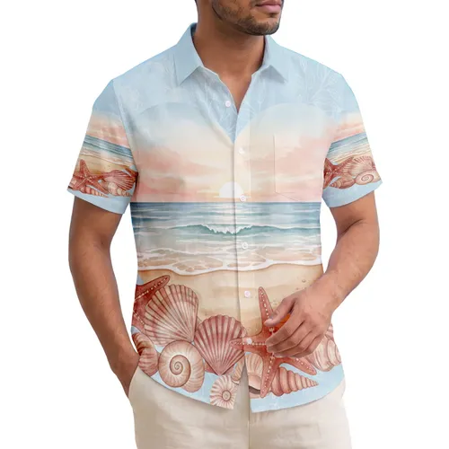 Beach Sunset Heart Gentle Ocean Waves Starfish Shells - Ocean Lover Gift Hawaiian Shirt