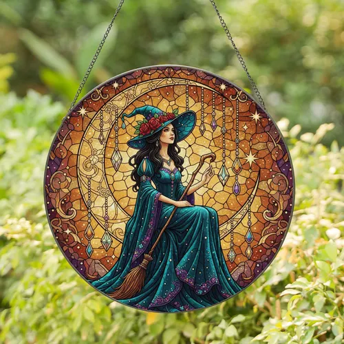 Regal Witch Jeweled Crescent Moon Broom Celestial Mosaic - Fantasy Lover Home Decor Gift Stained Glass Suncatcher