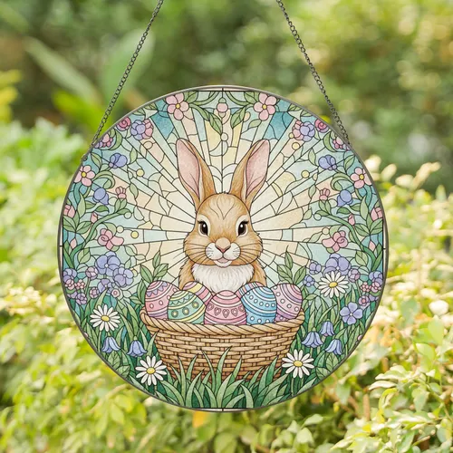 Easter Bunny Basket Decorated Eggs Spring Wildflowers Blooming Foliage - Easter Home Decor Stained Glass Suncatcher