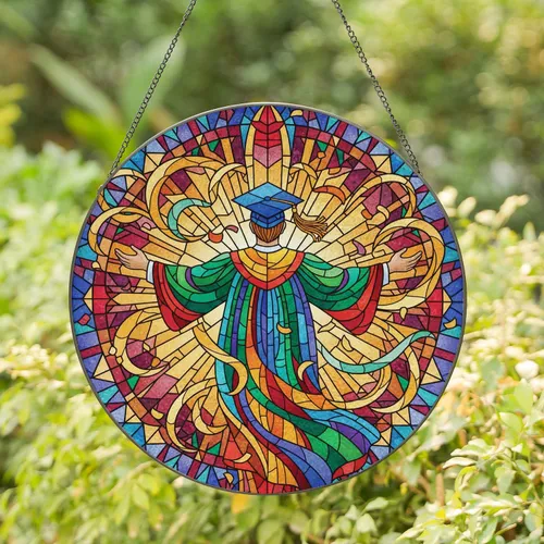 Graduate Academic Gown Cap Celebratory Swirls Mosaic Backdrop - Graduation Gift for Graduates Stained Glass Suncatcher