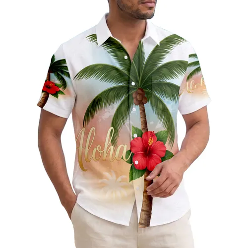 Aloha Palm Tree Red Hibiscus Flower - Tropical Island Getaway Souvenir Gift Hawaiian Shirt