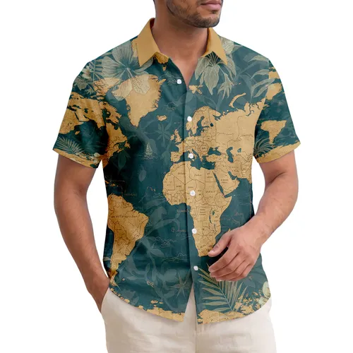 Vintage World Map Palm Fronds Hibiscus - Adventure Explorer Gift Hawaiian Shirt