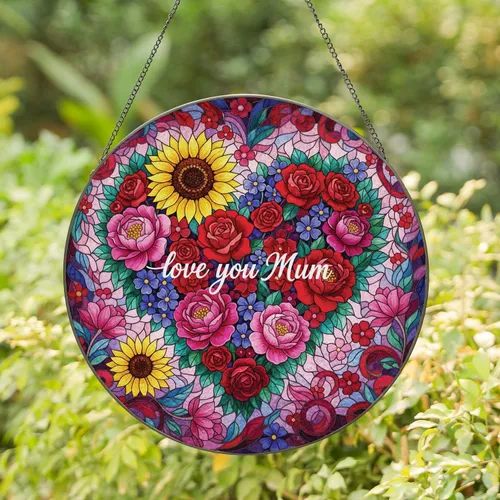 Love You Mum Floral Heart Sunflower Rose Peony Botanical - Mother's Day Gift Stained Glass Suncatcher