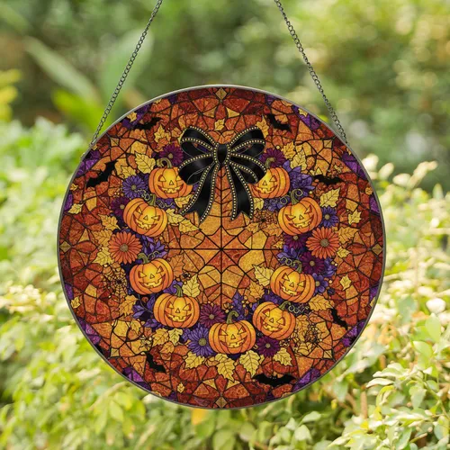 Halloween Wreath Jack-o'-Lanterns Bats Spiderwebs - Halloween Party Decor Stained Glass Suncatcher