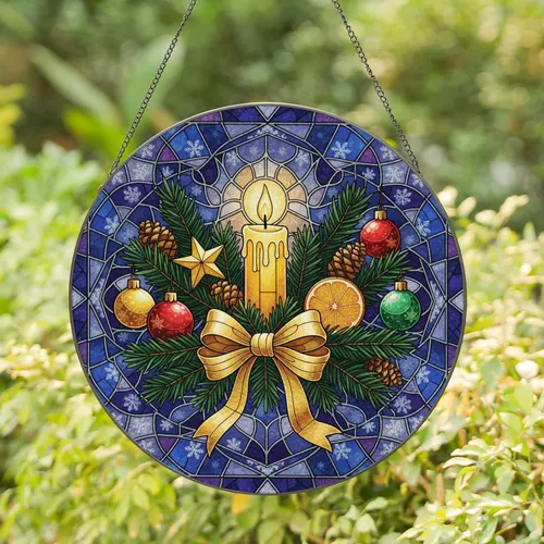 Lit Yellow Candle Pine Branch Ornaments Golden Bow - Christmas Gift Stained Glass Suncatcher
