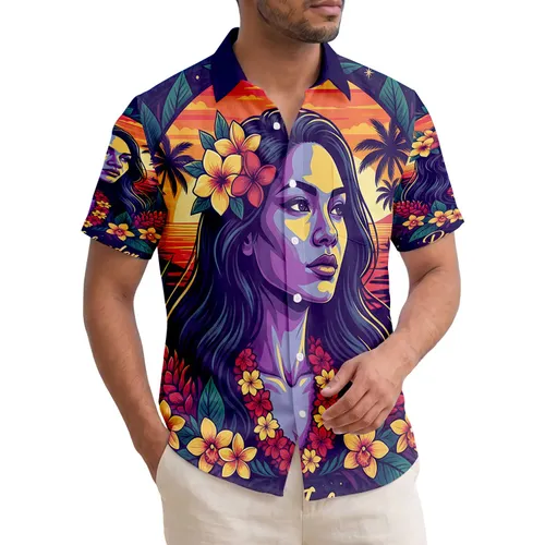 Pacific Islander Woman Exotic Flowers Sunset Ocean Palm Trees - Home Decor Gift Hawaiian Shirt