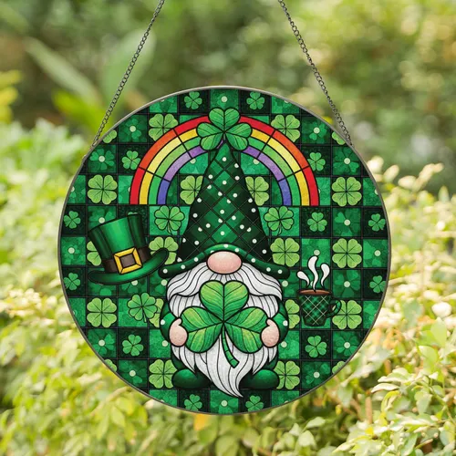 St. Patrick's Day Gnome Shamrock Clovers - St. Patrick's Day Decor Gift Stained Glass Suncatcher