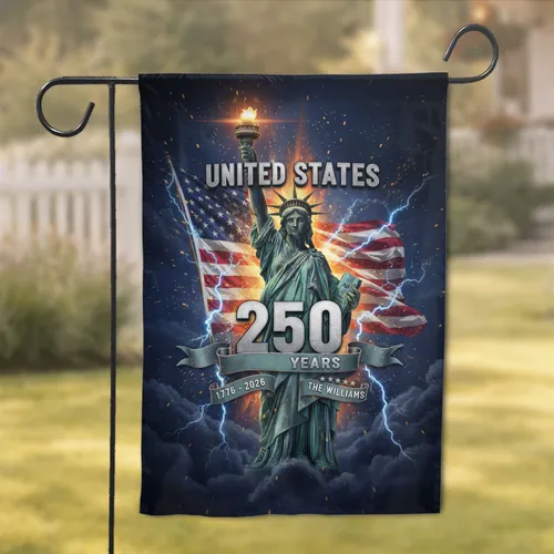 Statue of Liberty American Flag - USA 250th Anniversary 1776-2026 Independence Day Gift Custom Family Name Garden Flag