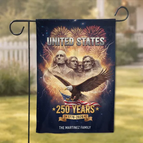 Mount Rushmore Bald Eagle American Flag 1776-2026 - USA 250th Anniversary Independence Day Custom Family Name Garden Flag